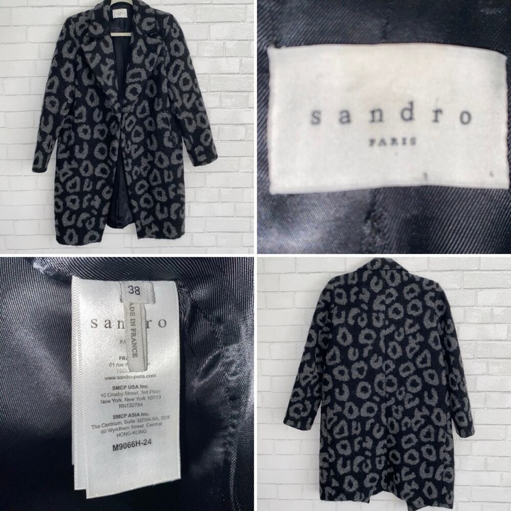 Sandro Paris Felted Boucle Leopard Open Front Coat Grey Black NWOT Size 38 US 6